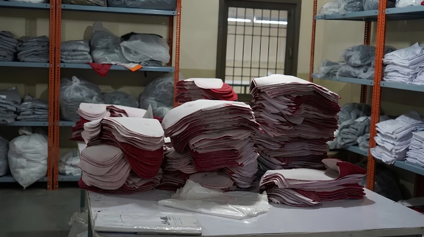 Stacks of cut red and white leather on a table inside a fight equipment manufacturing factory.