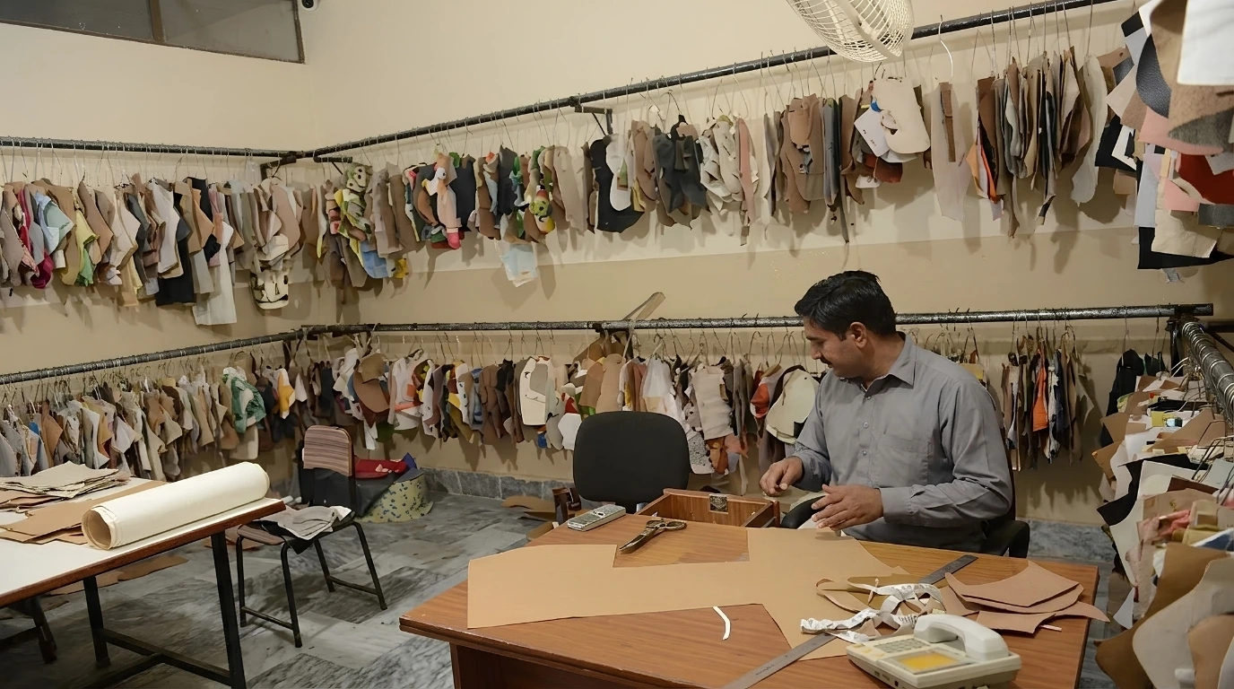 A worker seated at a table cutting materials in a factory room surrounded by hanging production patterns